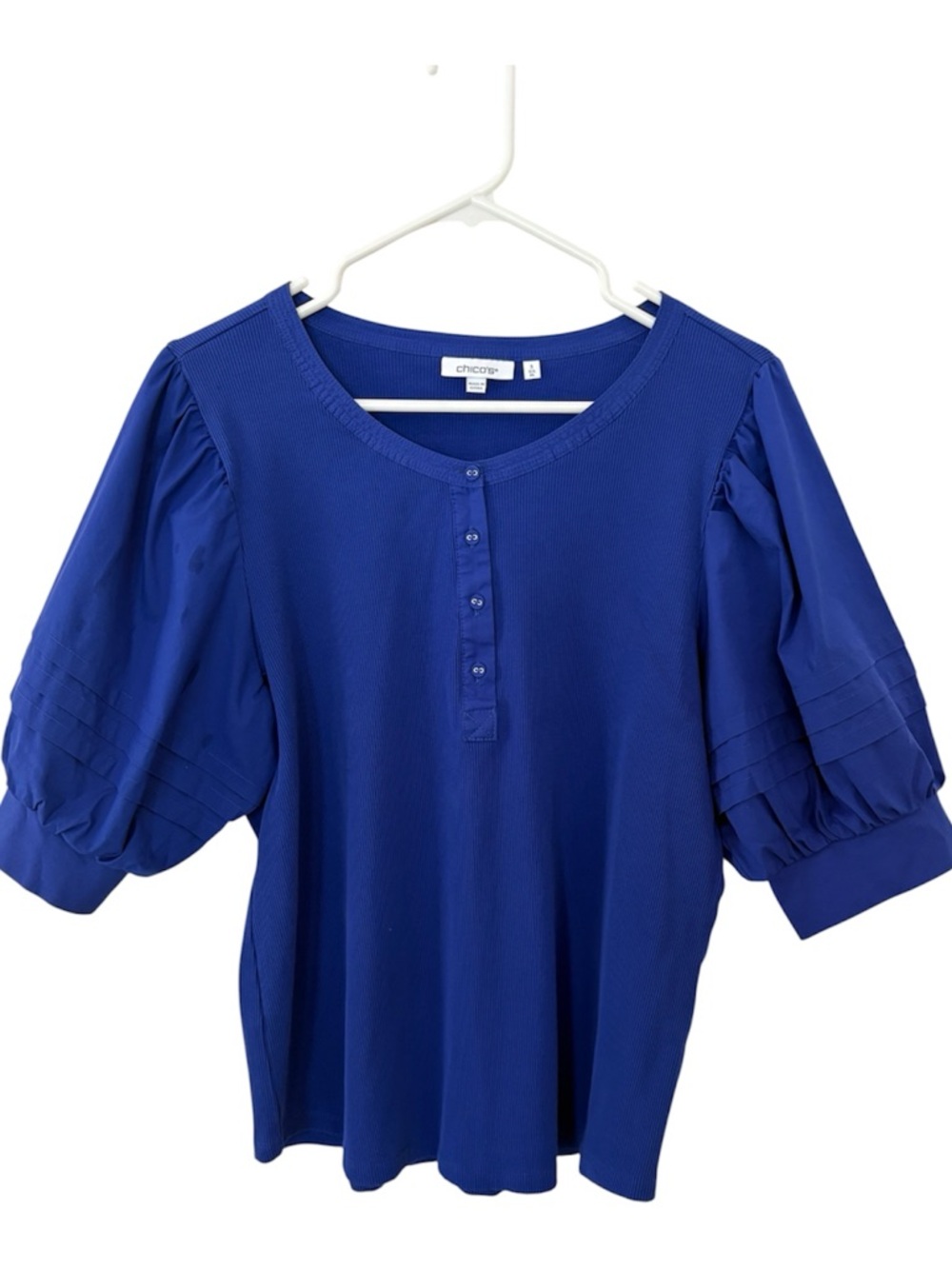 Chico's Royal Blue Ribbed Puff Sleeve Henley Top Size 3